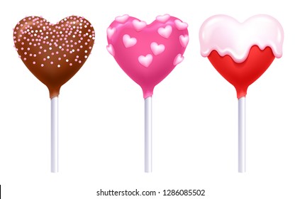 Valentine's day lollipops set - heart form. Colorful cake pops on stick with sprinkles and frosting.