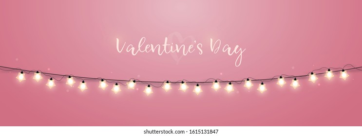 Valentine's day long banner. Festive sparkling lights garland on pink background. Vector design template for website headers.