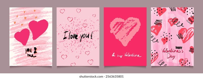 Valentine's day love abstract backgrounds or cards with hand drawn hearts, shapes and lettering. Templates of vector watercolor posters. Trendy vector illustration. 
