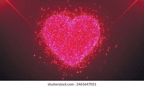 Valentine's day and love animation, glowing particles, rays, Valentine and marriage concept, dark red gradient background. Happy Valentine's Day background heart. 3d Vector