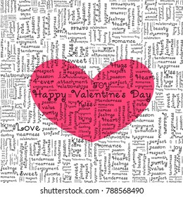 Valentine's Day Love background, greeting card or invitation templates. Word collage. Illustration for your business. Illustration with different association terms.