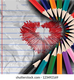 Valentines Day love background. heart draw on notebook page with colors pencil's. EPS 10.