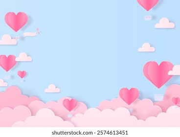 Valentine's Day and love background. A heart balloon is flying in a blue sky with a cloud. Paper art style.
