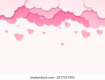 Valentine's Day and love background. Heart paper falling from a cloud on a light pink background. Paper art style.