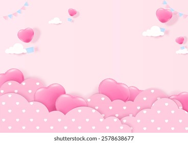 Valentine's Day and love background. Heart helium balloon and hot air balloon with heart pattern cloud on a light pink background. Paper art style.