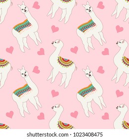 Valentines day love background. Seamless pattern with cute llama  and heart. Vector abstract background for kid. Hand drawn lama design with sweet heart icon