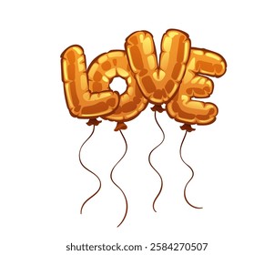 Valentines day love balloons. Cartoon gold balloon spelling the word love for celebration. Vector vibrant letters floating in air convey romance, joy and festivity for dating or special occasion event