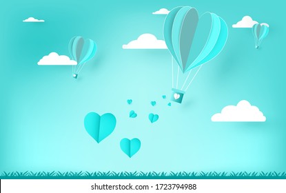 Valentine's Day love and balloons floating in the blue background with clouds and spreading hearts in the sky. Paper cut style