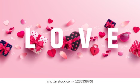 Valentine's Day and Love banner with sweet gift,sweet heart and lovely items on pink background.Promotion and shopping template or background for Love and Valentine's day concept.Vector EPS10 Valentine's Day and Love banner with sweet gift,sweet heart and lovely items on pink background.Promotion and shopping template or background for Love and Valentine's day concept.Vector EPS10