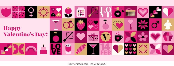 Valentine's day love banner.Background template with minimalist geometric elements. Pattern in modern trendy design for card, cover, poster, wallpaper, packaging. Flat vector illustration.
