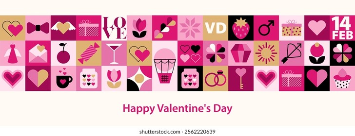 Valentine's day love banner.Background template with minimalist geometric elements. Pattern in modern trendy design for card, cover, poster, wallpaper, packaging. Flat vector illustration.
