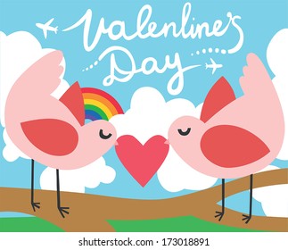 Valentines Day Love Birds with a Heart, Symbol Rainbow and Planes Writing Message in the Sky