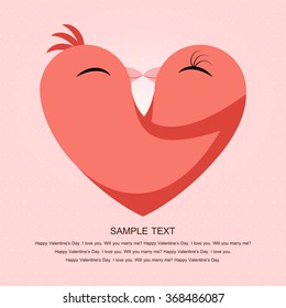 Valentine's Day love birds vector with hearts on pink background for February 14
