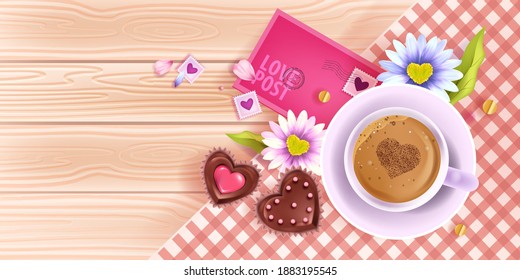 Valentines Day love card, background with wooden table top view, coffee cup, chamomile, pink envelope. Romantic spring holiday breakfast with chocolate cakes. Valentines Day flat lay card, banner