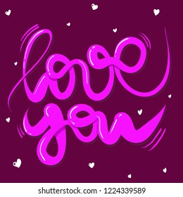 Valentine's day love card. Calligraphy postcard with purple letters. I love you hand lettering vector. 