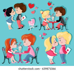  Valentine's Day. Love card. Collection of couples in love. Vector illustration isolated on turquoise background.