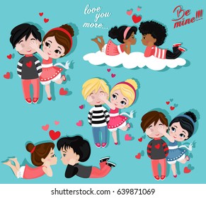 Valentine's Day. Love card. Collection of couples in love.  Vector illustration isolated on turquoise background.