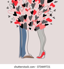Valentine's Day love card. Couple of woman and man are kissing in the colorful hearts. 