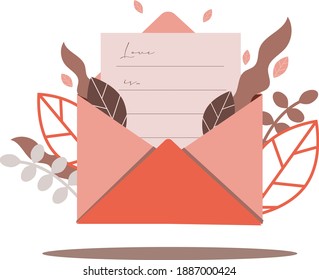 Valentine's Day love card in envelope. Flat design vector illustration for Happy Valentine's Day and love symbol.