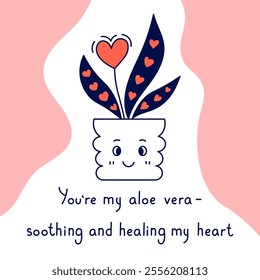 Valentines Day Love Card with Houseplant and Phrase. Hand drawn potted plant with heart shaped flower and handwritten text. Romantic quote banner poster. Vector illustration