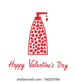 Valentines day. Love card. Tube of cream with hearts inside. Body lotion shampoo gel. Heart drop falling down. Bottle dispenser. Red line art packaging. Isolated. White background. Flat design. Vector