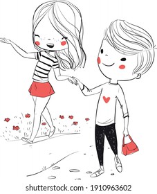 Valentine's Day. Love card. Young boy leads his cute cheerful girlfriend along the curb 