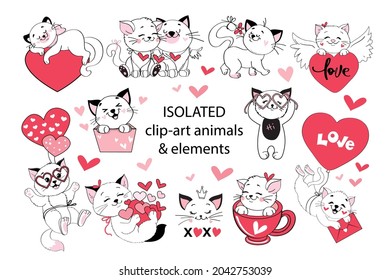 Valentine's day with love cats and hearts collection. Vector illustration isolated