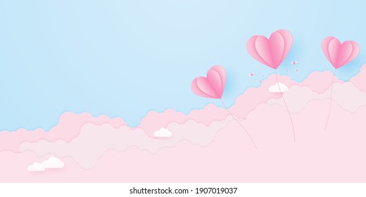 Día de San Valentín, fondo de concepto de amor, globos con forma de corazón rosa de papel flotando en el cielo con nube, espacio en blanco, estilo de arte de papel