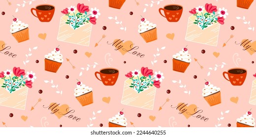 Valentine's day, love concept cute vector illustration seamless pattern with, hearts, love, flowers, envelope, arrows, cup of coffee and cupcakes. 14 February holiday texture design background