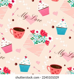 Día de San Valentín, concepto de amor lindo ilustración vectorial sin fisuras con, corazones, amor, flores, sobre, flechas, taza de café y pastelitos. 14 Febrero diseño textura navideña fondo pastel