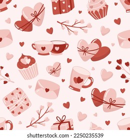 Valentine's day. love concept cute vector illustration seamless pattern with hearts, love, flowers, envelope, arrows, cup of coffee and cupcakes.