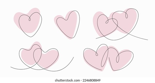 El concepto de San Valentín y Amor. Hearts Situado en un estilo moderno de arte lineal, aislado en un fondo blanco. Dos corazones continuan dibujando una línea. Elementos de decoración para el Día de la Madre y tarjeta de San Valentín