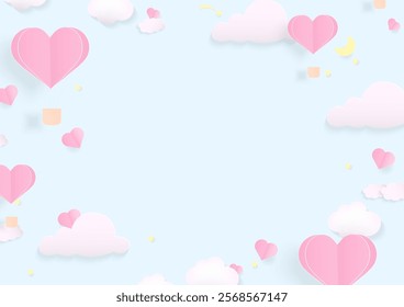 Valentine's Day and love concept. Pink heart balloon and a cloud on a blue background. Paper art style.