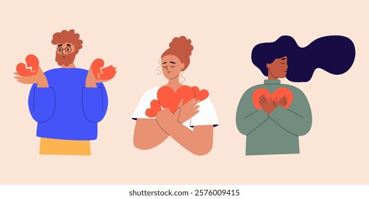 Valentine's day and love concept. Set of people holding hearts. Modern female and male characters.
