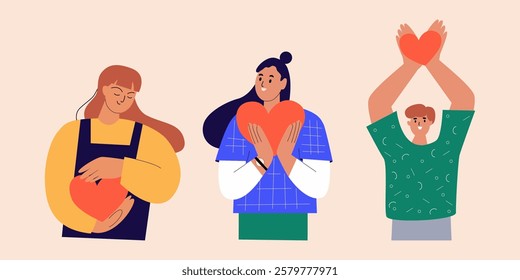 Valentine's day and love concept. Set of people holding hearts. Modern female and male characters.