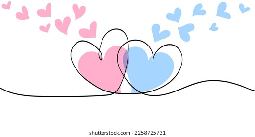 Valentine's day and Love concept with two hearts in modern line art style isolated on white background. Decoration element continuous one line drawing hearts for Mothers day and Valentines card.