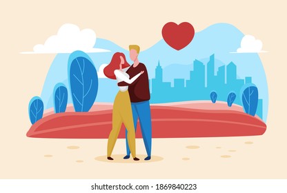 Ilustración vectorial del concepto de amor de San Valentín. Los amantes de la caricatura se abrazan en una cita romántica, hombres mujeres pareja personajes que aman y abrazan por un día de San Valentín, relaciones y antecedentes románticos