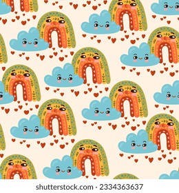 Valentines Day love couple cloud and rainbow vector seamless pattern. Cute cartoon kawaii Romantic texture background