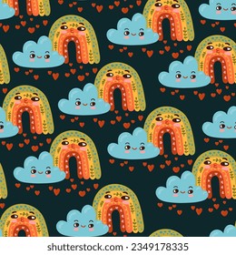 Valentines Day love couple cloud and rainbow vector seamless pattern. Cute cartoon kawaii Romantic texture background