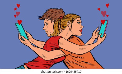 Valentines day love. A couple of young men and a girl with smartphones. Pop art retro vector illustration 50s 60s style