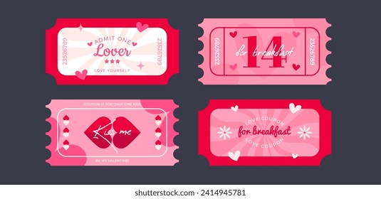 Valentines day love coupons. Retro vintage card for 14 february celebration. Vector retro coupon for Valentine party. Love wins, love is in the air and be my valentine concepts. Admit One Ticket.