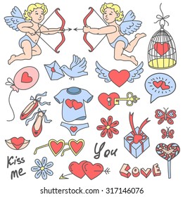 Valentine's day, love decor elements set. Doodles vintage graphic set