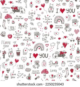 Valentine's day love doodle objects vector seamless pattern.