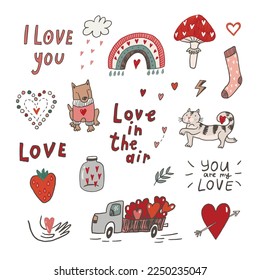 Valentine's day love doodle objects vector illustrations set.