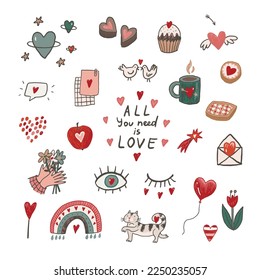 El día de San Valentín adoraba objetos de doodle ilustraciones vectoriales set.