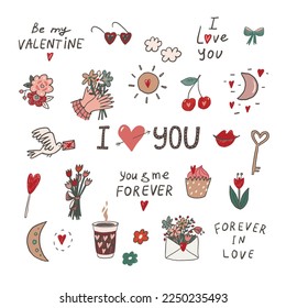 Valentine's day love doodle objects vector illustrations set.