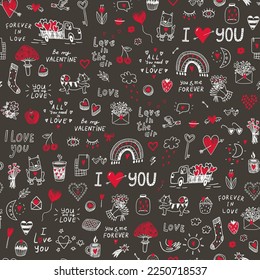 Valentine's day love doodle objects vector seamless pattern.