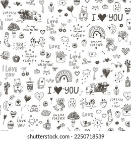 Valentine's day love doodle objects vector seamless pattern.