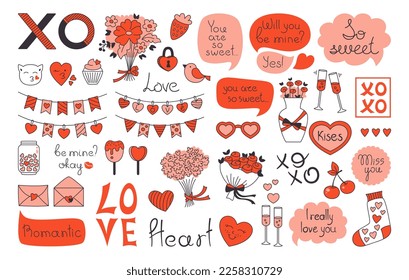 Valentines day love doodle objects set. Romantic design elements for invitation postcard, celebration greeting gift template. Valentine label print, sticker, speech bubble vintage cute art collection