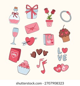 Sammlung handgezeichneter Illustrationen zum Valentinstag und zu Liebeselementen